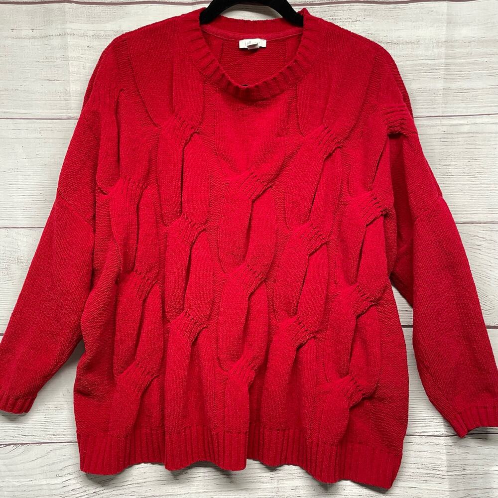 J. Jill Chenille Red Boxy Cropped Cable Knit Sweater Size L Petite